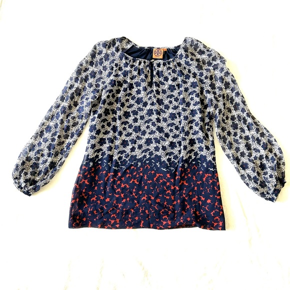 Tory Burch Womens Silk Blouse Blue Floral Long Sleeve Button Cuff Keyhole Neck - Picture 2 of 12